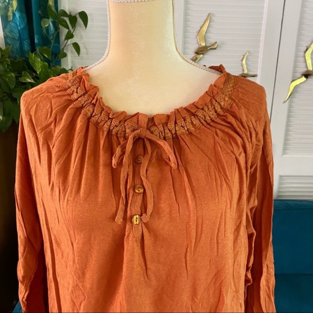 Easel Erica Long Sleeve Cotton Slub Henley Babydoll Tunic Pumpkin Orange Medium - Picture 5 of 14